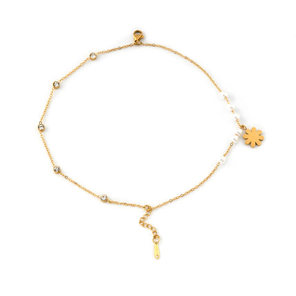 Pulsera De Acero Inoxidable Con Perlas Y Detalles De Flor De Margarita