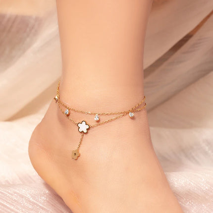 Tobillera Cadena De Acero Al Titanio Con Gotas De Agua Y Flores De Moda Para Mujer