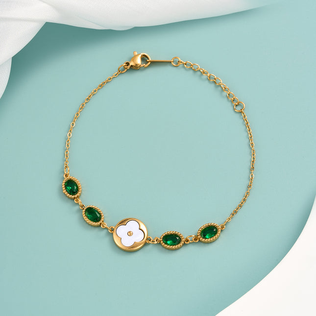 Pulsera De Acero Inoxidable Con Cristal Verde Ovalado Y Flor Blanca