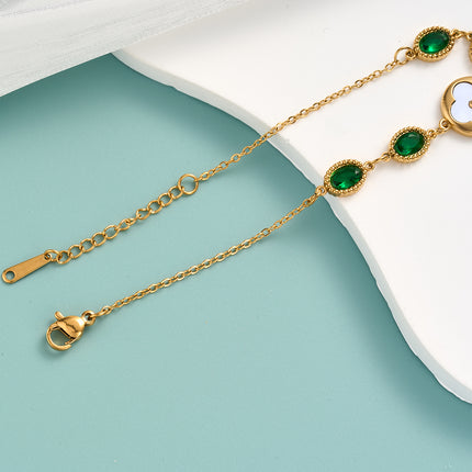 Pulsera De Acero Inoxidable Con Cristal Verde Ovalado Y Flor Blanca