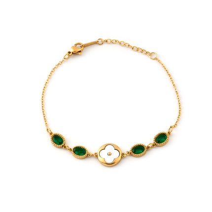 Pulsera De Acero Inoxidable Con Cristal Verde Ovalado Y Flor Blanca