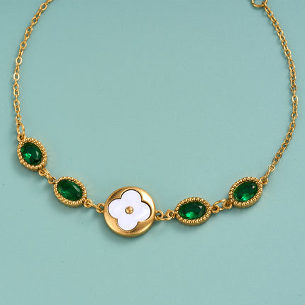 Pulsera De Acero Inoxidable Con Cristal Verde Ovalado Y Flor Blanca