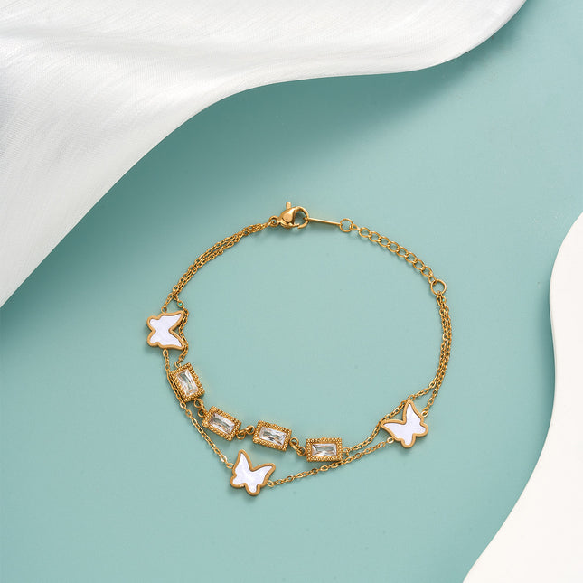 Pulsera De Cadena Con Mariposa Blanca Y Cristal Rectangular