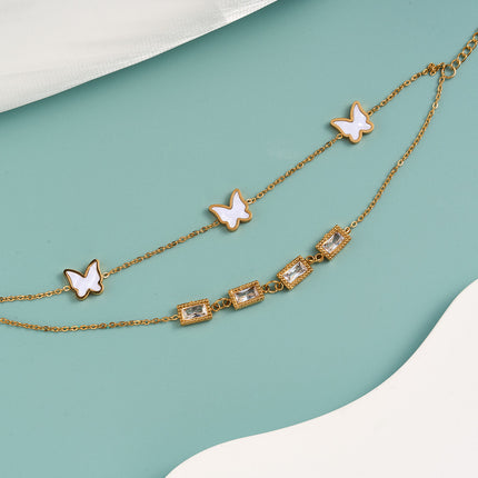 Pulsera De Cadena Con Mariposa Blanca Y Cristal Rectangular