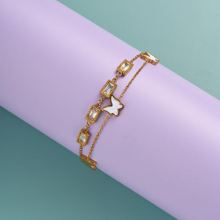 Pulsera De Cadena Con Mariposa Blanca Y Cristal Rectangular