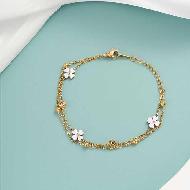Pulsera De Cadena Moda Con Flor Blanca Y Detalles De Zirconia