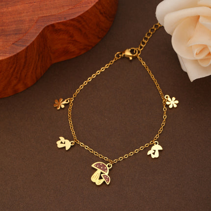 Pulsera Dorada De Acero Inoxidable Con Colgante De Setas Rojas Y Flores