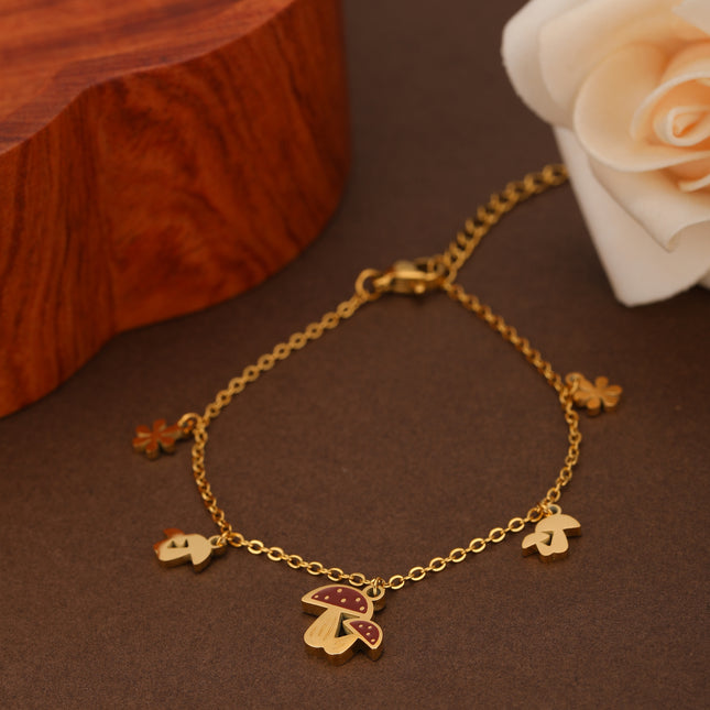 Pulsera Dorada De Acero Inoxidable Con Colgante De Setas Rojas Y Flores