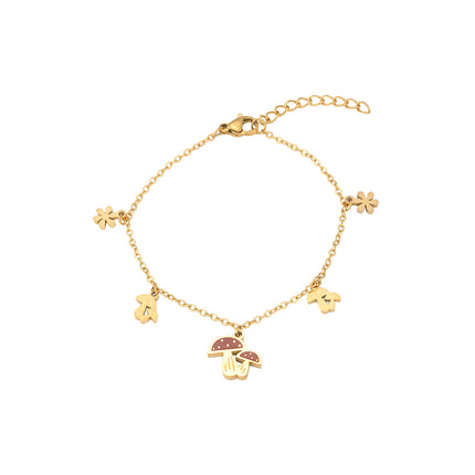 Pulsera Dorada De Acero Inoxidable Con Colgante De Setas Rojas Y Flores