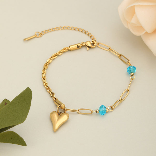Pulsera De Acero Con Colgante De Corazón Y Zirconia Azul En Oro De 14K