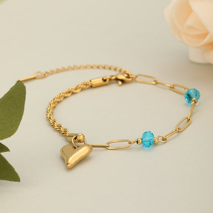 Pulsera De Acero Con Colgante De Corazón Y Zirconia Azul En Oro De 14K