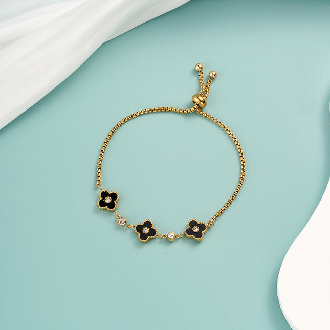 Pulsera De Cadena Con Flor Negra Detalle De Circon En El Centro