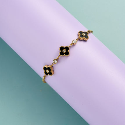 Pulsera De Cadena Con Flor Negra Detalle De Circon En El Centro