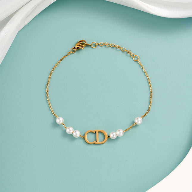 Pulsera De Cadena Con Letras "CD" Y Perlas Artificiales Elegante