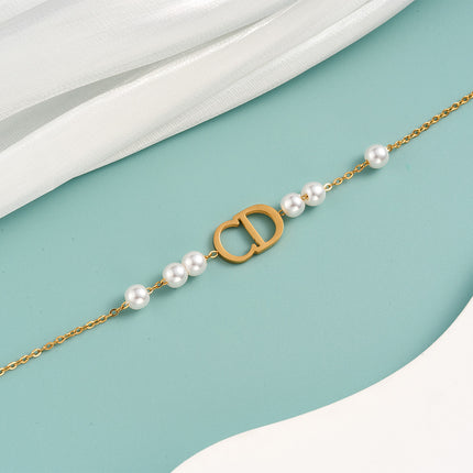 Pulsera De Cadena Con Letras "CD" Y Perlas Artificiales Elegante