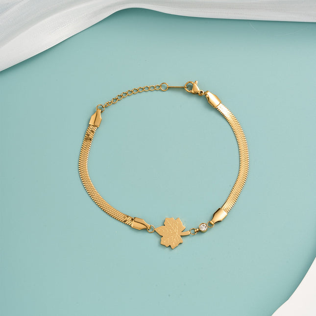 Pulsera De Cadena De Serpiente Dorada Con Colgante De Hoja De Arce