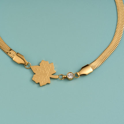 Pulsera De Cadena De Serpiente Dorada Con Colgante De Hoja De Arce
