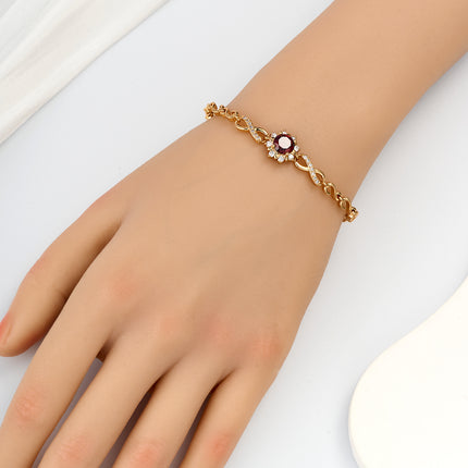 Pulsera De Cadena De Cobre Con Girasol Y Zirconias Rojas Diseño Elegante