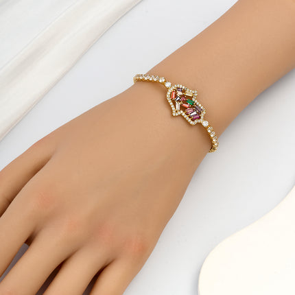 Pulsera De Cobre Con Mano De La Suerte Y Cristales De Colores