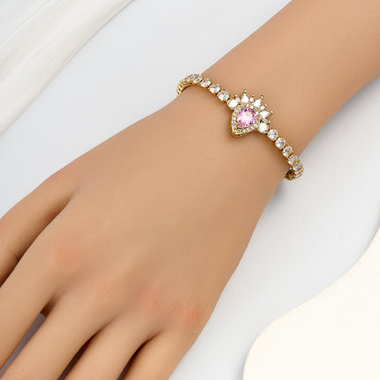 Pulsera De Cadena De Cobre Con Gran Circon Rosa Y Pequeños Circones