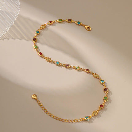 Tobillera Cadena Chapada En Oro Con Gemas Artificiales Acrílica Colorida Con Bordes Cuadrados