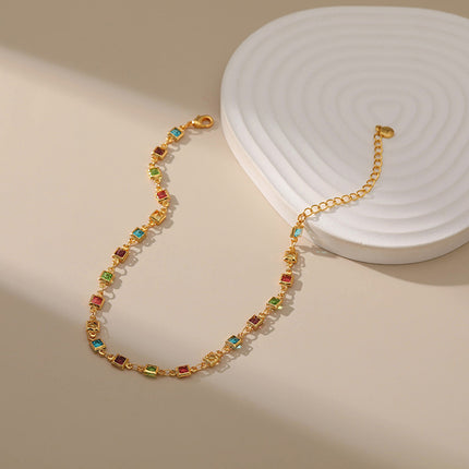 Tobillera Cadena Chapada En Oro Con Gemas Artificiales Acrílica Colorida Con Bordes Cuadrados