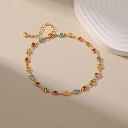 Tobillera Cadena Chapada En Oro Con Gemas Artificiales Acrílica Colorida Con Bordes Cuadrados