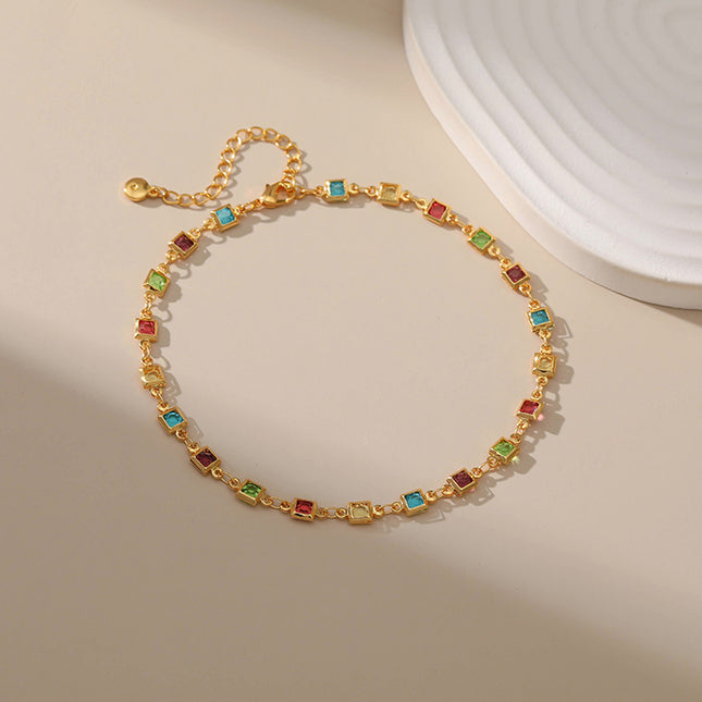 Tobillera Cadena Chapada En Oro Con Gemas Artificiales Acrílica Colorida Con Bordes Cuadrados