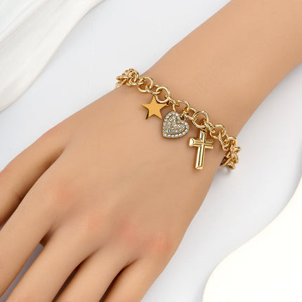 Pulsera De Cadena De Anillos Gruesos Con Colgantes De Cruz Y Corazón