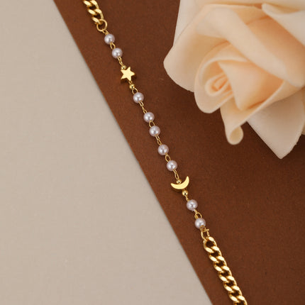 Pulsera De Cadena Con Estrellas, Luna Y Perlas Artificiales Estilo Moda