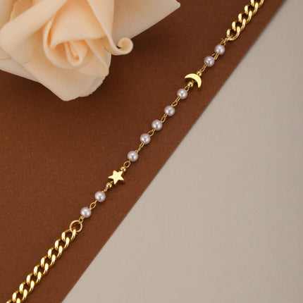 Pulsera De Cadena Con Estrellas, Luna Y Perlas Artificiales Estilo Moda
