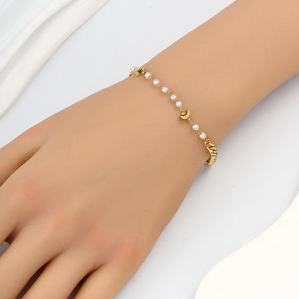 Pulsera De Cadena Con Estrellas, Luna Y Perlas Artificiales Estilo Moda