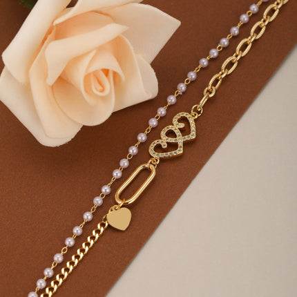 Pulsera Doble Capa Con Corazón Cadena De Perla Artificial Estilo Moderno