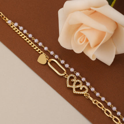 Pulsera Doble Capa Con Corazón Cadena De Perla Artificial Estilo Moderno