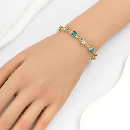 Pulsera De Cobre Con Cubos, Cristales Azules Y  Concha Metálica