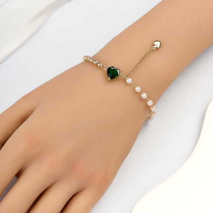 Pulsera De Corazón De Cristal Verde Con Zirconia Y Perlas Imitación