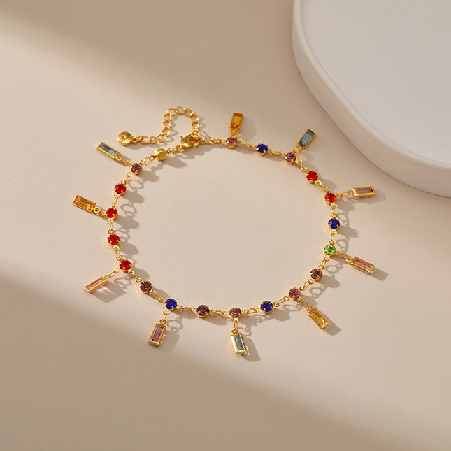 Tobillera De Oro 18K Chapado Con Gemas Artificiales Cadena Larga De Acrílico Colorido
