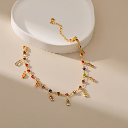 Tobillera De Oro 18K Chapado Con Gemas Artificiales Cadena Larga De Acrílico Colorido