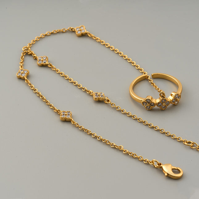 Pulsera Y Anillo De Trébol De Cuatro Hojas Cobre Cadena De Dedo Integrada