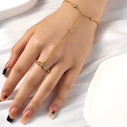 Pulsera Y Anillo De Trébol De Cuatro Hojas Cobre Cadena De Dedo Integrada