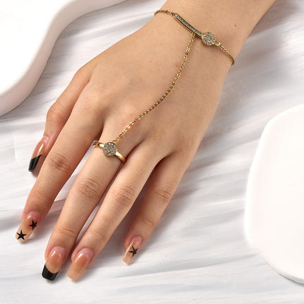 Pulsera Y Anillo Retro Cobre Con Circonitas Cadena De Dedo Integrada