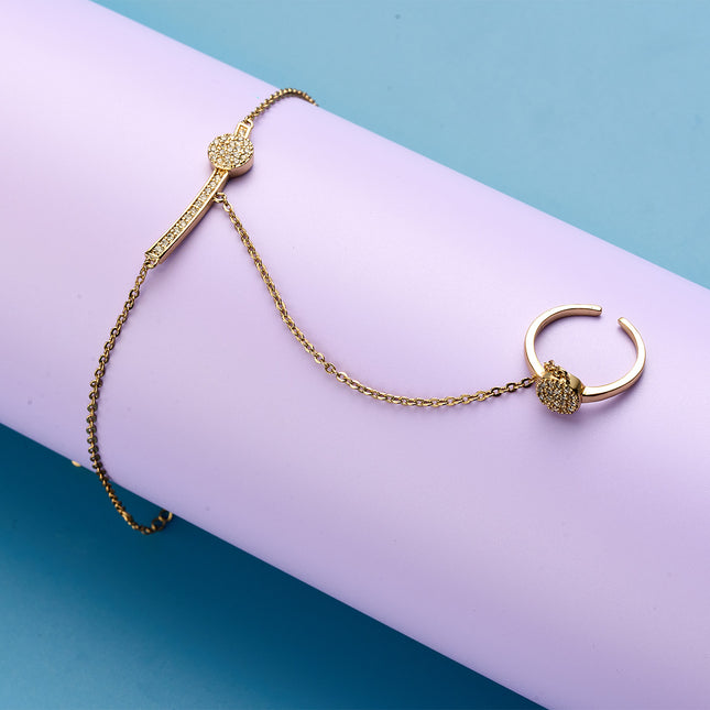 Pulsera Y Anillo Retro Cobre Con Circonitas Cadena De Dedo Integrada