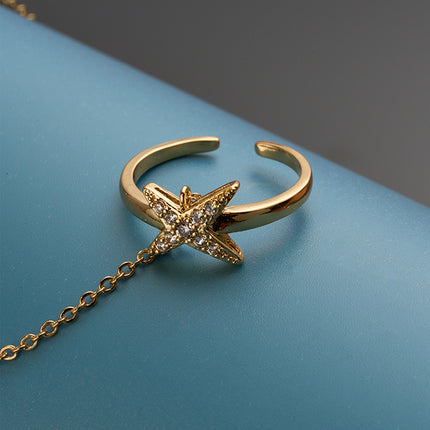 Pulsera De Cobre En Forma De X Con Zirconia, Cadena De Dedo Integrada