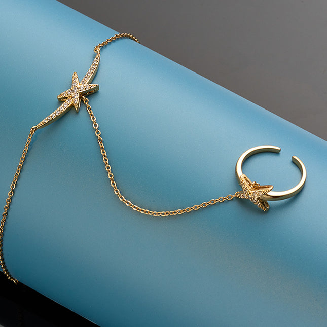 Pulsera De Cobre En Forma De X Con Zirconia, Cadena De Dedo Integrada