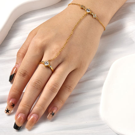 Pulsera Y Anillo Clásico De Cobre Con Zirconia, Cadena De Dedo Integrada