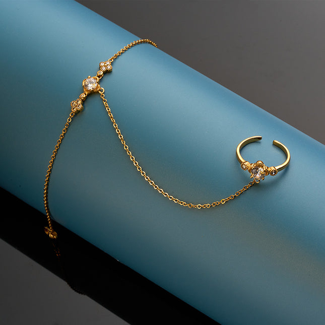 Pulsera Y Anillo Clásico De Cobre Con Zirconia, Cadena De Dedo Integrada