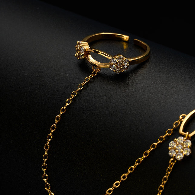 Pulsera De Flores De Cobre Con Zirconia Cadena De Dedo Integrada