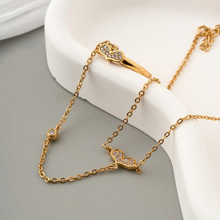 Pulsera Y Anillo De Cobre Con Corazón Diseño Cadena De Dedo Integrada
