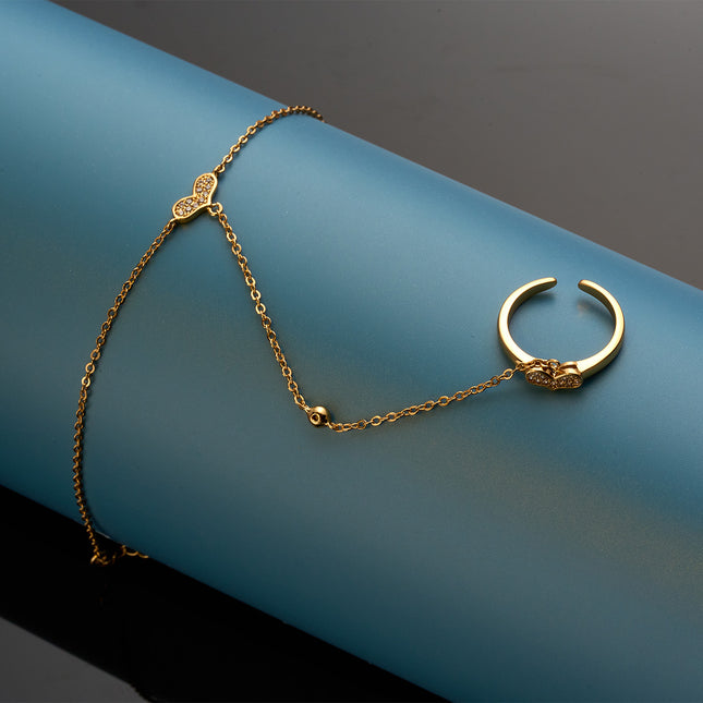 Pulsera Y Anillo De Cobre Con Corazón Diseño Cadena De Dedo Integrada