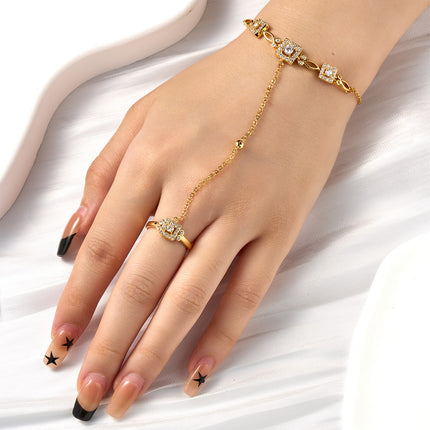 Pulsera De Cobre Con Zirconia, Diseño Retro Cadena De Dedo Integrada